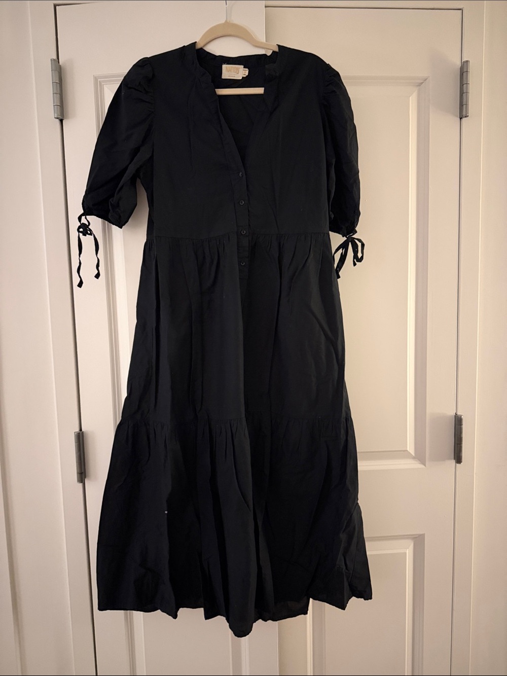 Nation LTD Black Tiered Midi Dress with Tie Sleeves